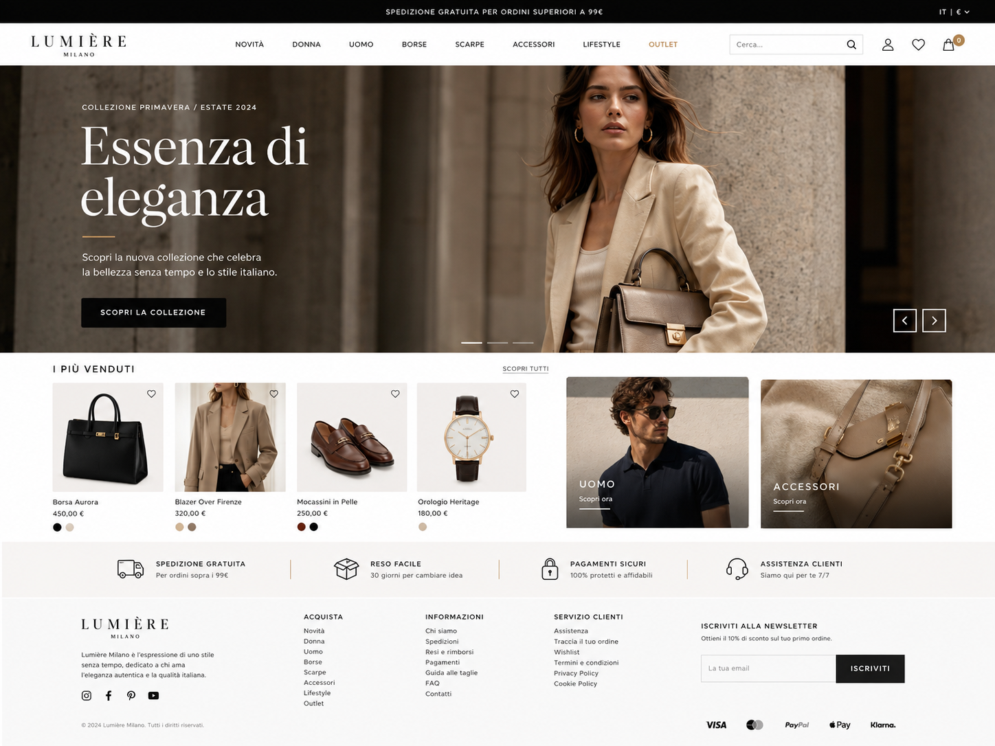 E-commerce di moda professionale con catalogo prodotti e sezione più venduti