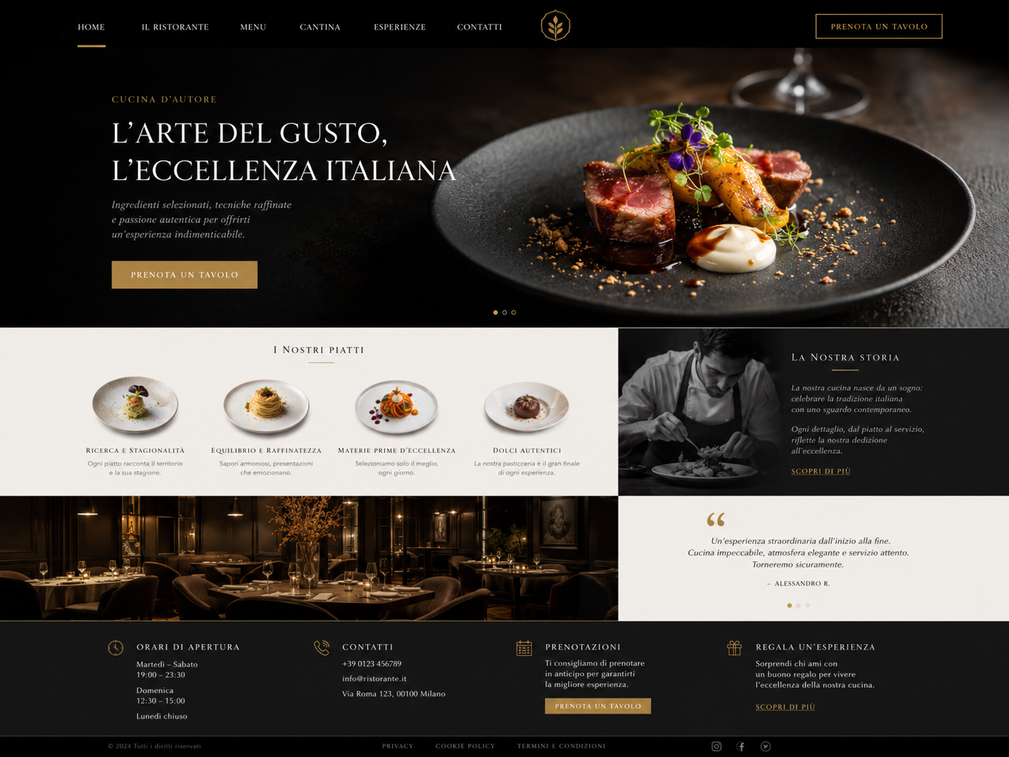 Sito web elegante per ristorante con hero fotografico e prenotazione tavolo